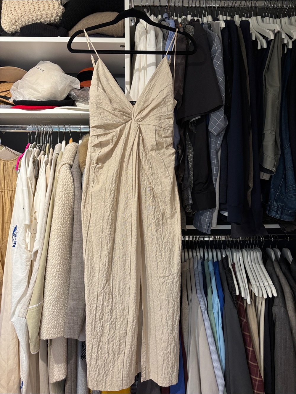 Zara Cream Spaghetti-Strap V-Neck Midi Dress
